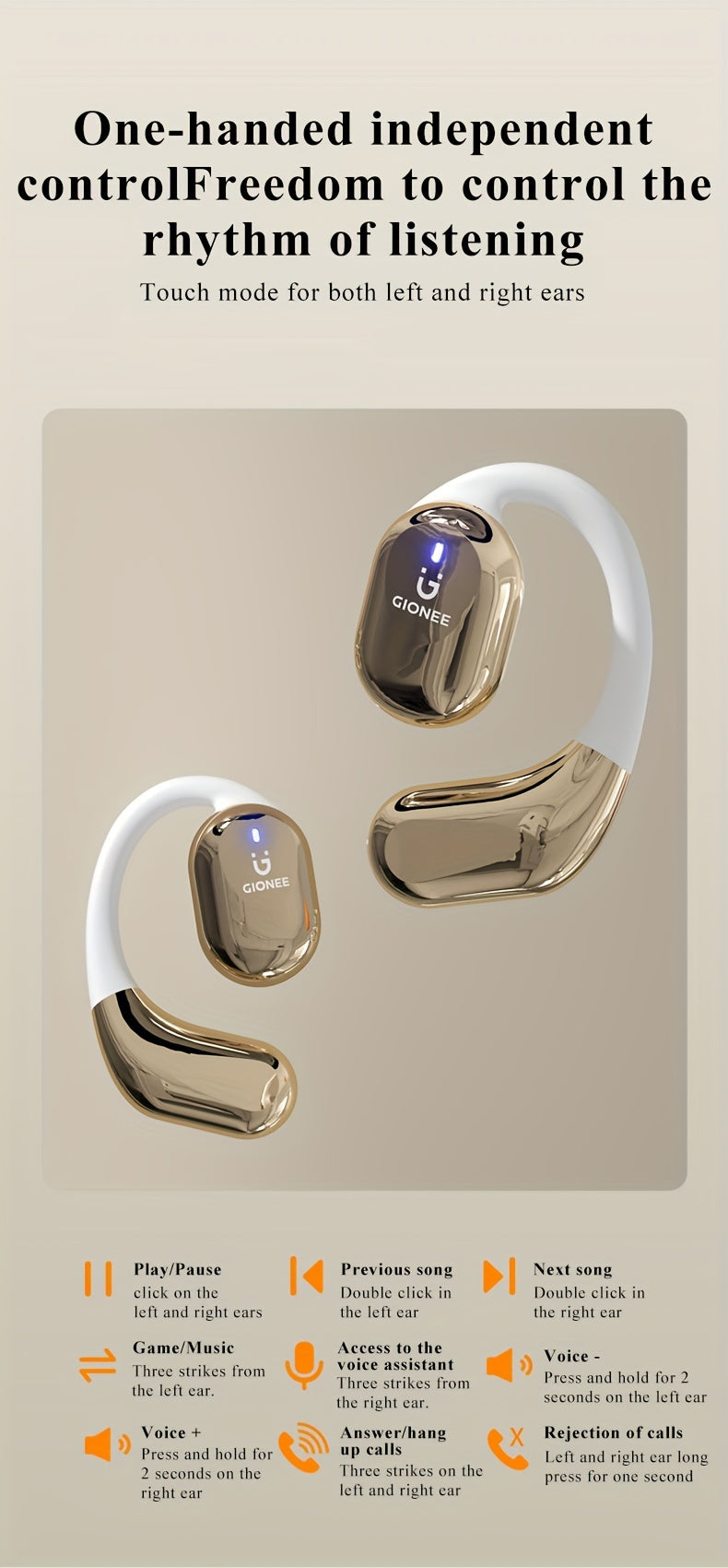 Gionee001True Wireless Earbuds With Mic, TWS In-Ear Headphones With ENC Noise Cancelling Mic, Sport Earhook Headset, Stereo In Ear Headphones With LED Display Charing Case, Wireless Running Sports Earbuds Earhook