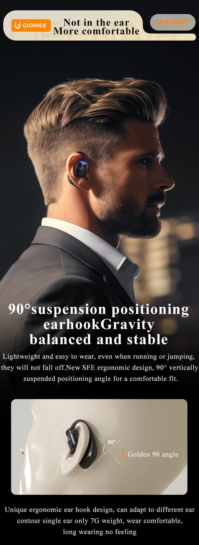 Gionee001True Wireless Earbuds With Mic, TWS In-Ear Headphones With ENC Noise Cancelling Mic, Sport Earhook Headset, Stereo In Ear Headphones With LED Display Charing Case, Wireless Running Sports Earbuds Earhook