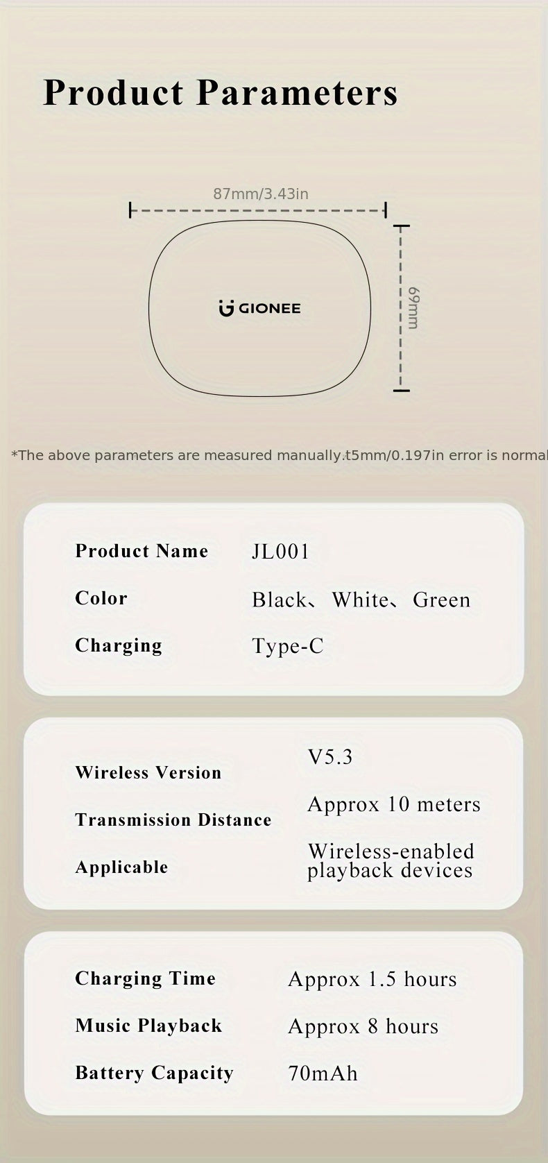 Gionee001True Wireless Earbuds With Mic, TWS In-Ear Headphones With ENC Noise Cancelling Mic, Sport Earhook Headset, Stereo In Ear Headphones With LED Display Charing Case, Wireless Running Sports Earbuds Earhook