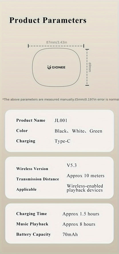 Gionee001True Wireless Earbuds With Mic, TWS In-Ear Headphones With ENC Noise Cancelling Mic, Sport Earhook Headset, Stereo In Ear Headphones With LED Display Charing Case, Wireless Running Sports Earbuds Earhook