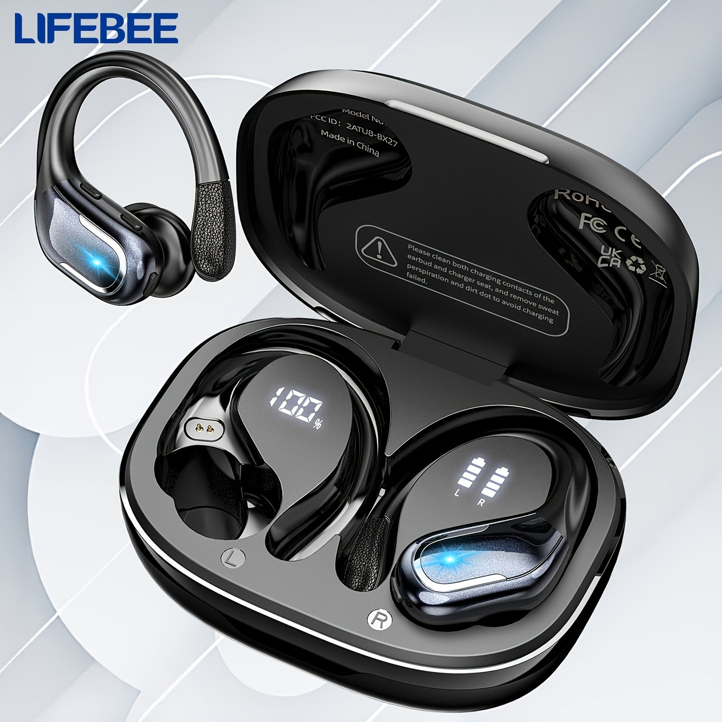 LIFEBEE New Wireless Earbuds for Running Sports, Wireless Earphones with Earhooks Pure Bass Sound, Over Ear Headphones ENC Noise Cancelling with Dual-LED Display, Earphones Built-in Microphone