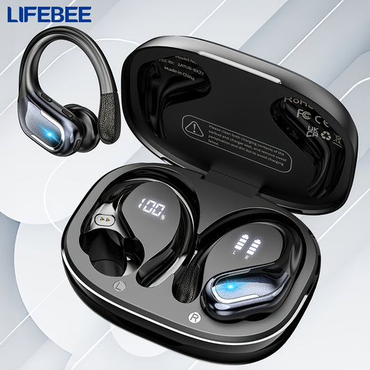 LIFEBEE New Wireless Earbuds for Running Sports, Wireless Earphones with Earhooks Pure Bass Sound, Over Ear Headphones ENC Noise Cancelling with Dual-LED Display, Earphones Built-in Microphone