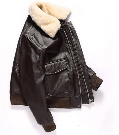 Custom Men's Genuine Leather Bomber Jacket with Detachable Fur Collar Winter Warm Fleece Lined Motorcycle Jacket High Quality