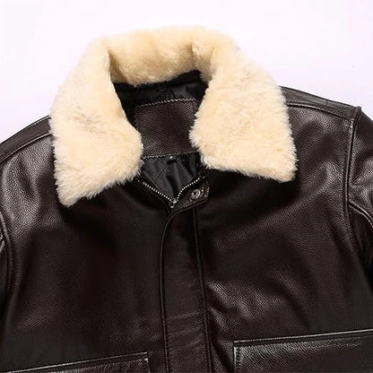 Custom Men's Genuine Leather Bomber Jacket with Detachable Fur Collar Winter Warm Fleece Lined Motorcycle Jacket High Quality