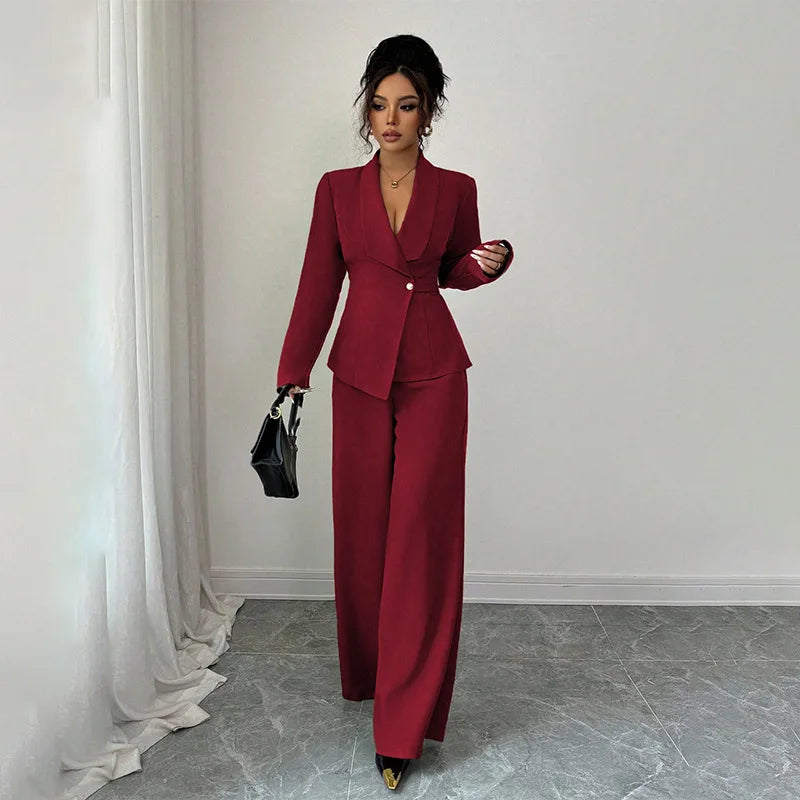 2025 Autumn Cross-border European American Women's Suit Elegant Fashion Long-sleeved Jacket Straight Pants Two-piece Set Velour