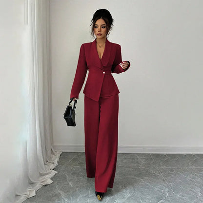 2025 Autumn Cross-border European American Women's Suit Elegant Fashion Long-sleeved Jacket Straight Pants Two-piece Set Velour