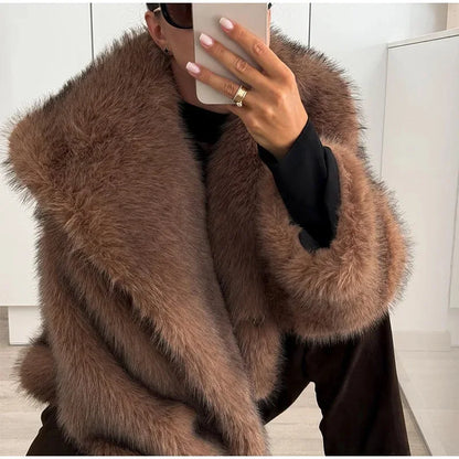 Women's 2025 Autumn Winter Large Lapel Rabbit Faux Fur Trench Coat - Long Woven Warm Commuter Jacket