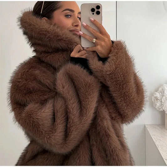 Women's 2025 Autumn Winter Large Lapel Rabbit Faux Fur Trench Coat - Long Woven Warm Commuter Jacket
