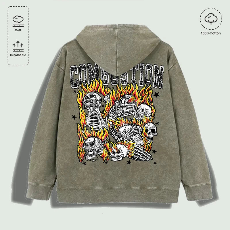 100% Cotton Washed "Combustion Flaming Skull Cluster" Graphic Hoodie, Multi - Colors