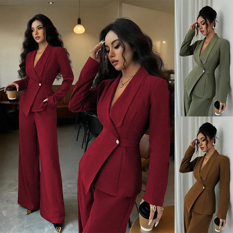 2025 Autumn Cross-border European American Women's Suit Elegant Fashion Long-sleeved Jacket Straight Pants Two-piece Set Velour