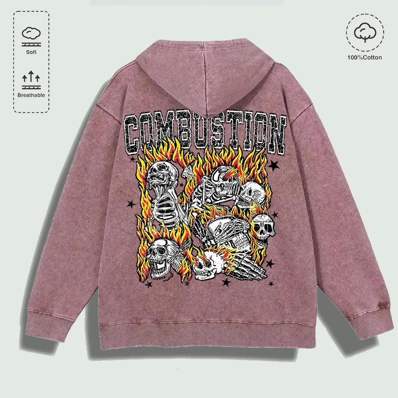 100% Cotton Washed "Combustion Flaming Skull Cluster" Graphic Hoodie, Multi - Colors
