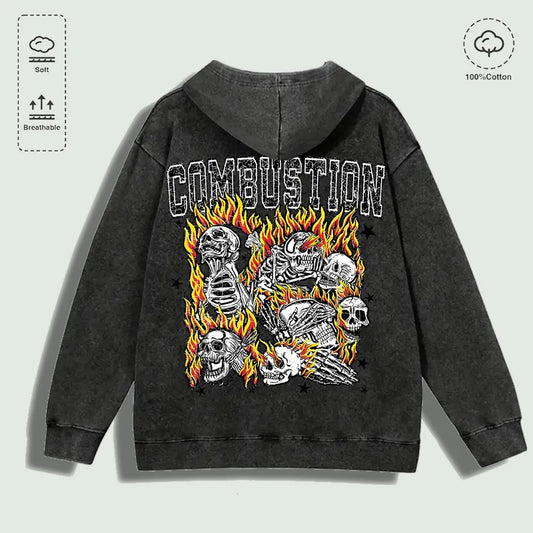 100% Cotton Washed "Combustion Flaming Skull Cluster" Graphic Hoodie, Multi - Colors