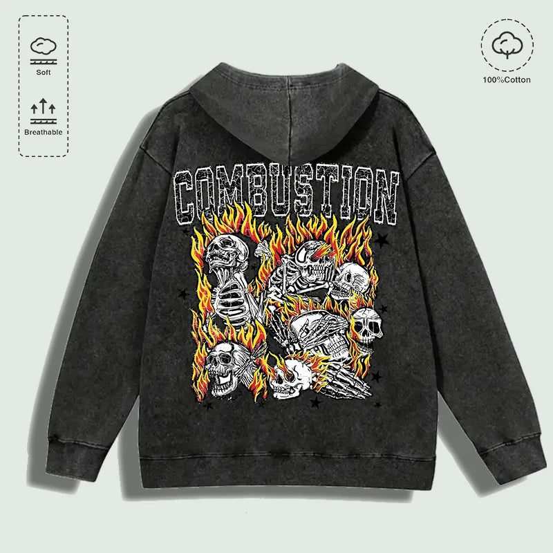 100% Cotton Washed "Combustion Flaming Skull Cluster" Graphic Hoodie, Multi - Colors