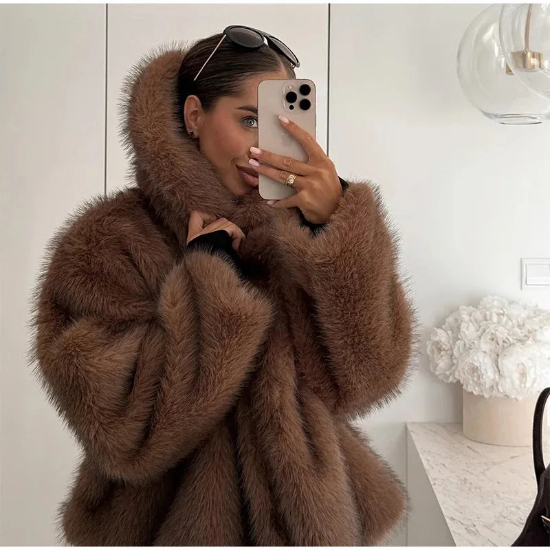 Women's 2025 Autumn Winter Large Lapel Rabbit Faux Fur Trench Coat - Long Woven Warm Commuter Jacket