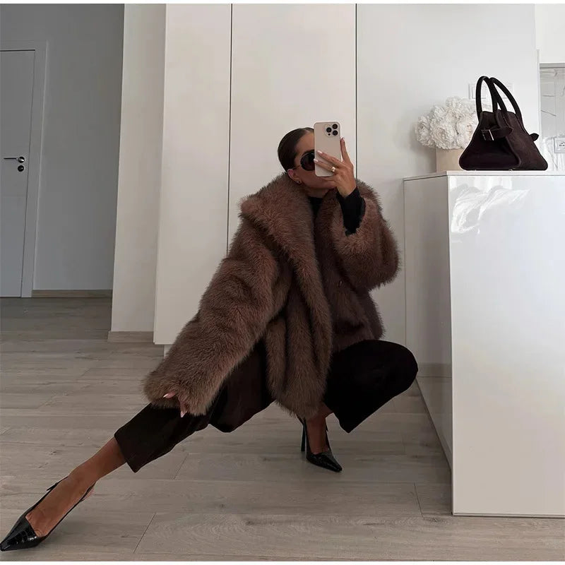 Women's 2025 Autumn Winter Large Lapel Rabbit Faux Fur Trench Coat - Long Woven Warm Commuter Jacket