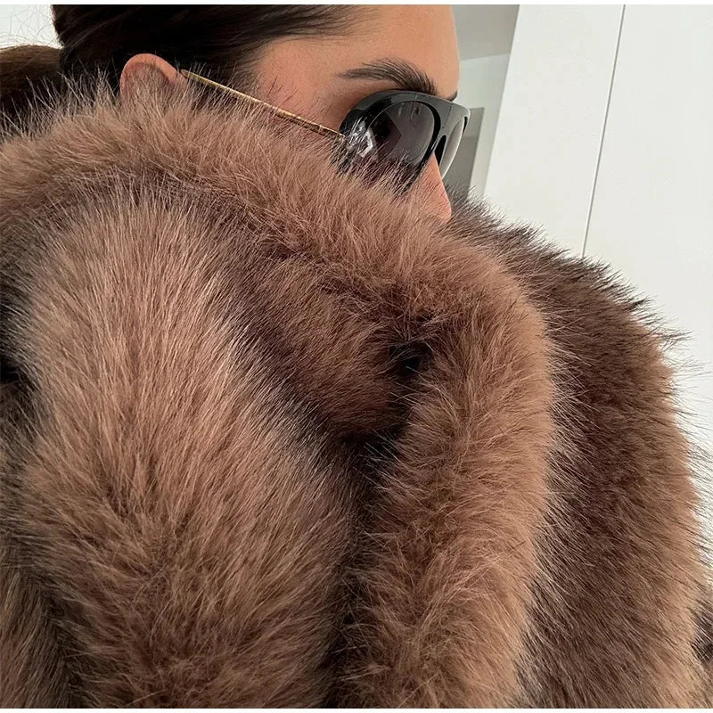 Women's 2025 Autumn Winter Large Lapel Rabbit Faux Fur Trench Coat - Long Woven Warm Commuter Jacket