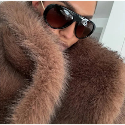 Women's 2025 Autumn Winter Large Lapel Rabbit Faux Fur Trench Coat - Long Woven Warm Commuter Jacket