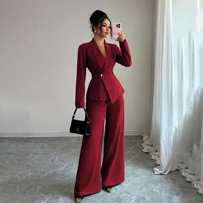 2025 Autumn Cross-border European American Women's Suit Elegant Fashion Long-sleeved Jacket Straight Pants Two-piece Set Velour