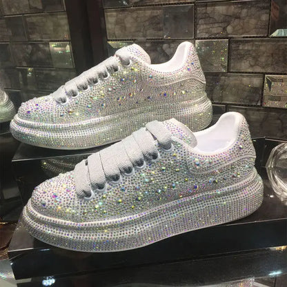 New 2023 Autumn Women Platform Shoes Rhinestones Thick-soled White Silver Shoes Shining Crystal Sneakers Trend Casual Sneakers