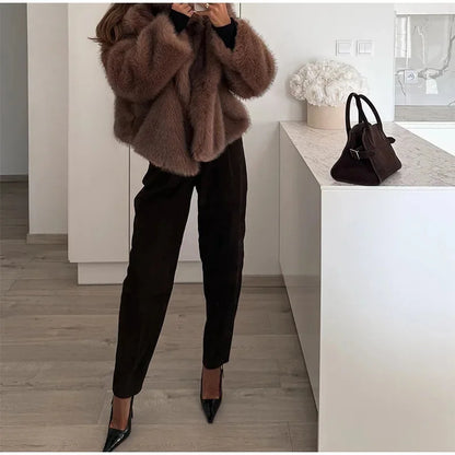 Women's 2025 Autumn Winter Large Lapel Rabbit Faux Fur Trench Coat - Long Woven Warm Commuter Jacket