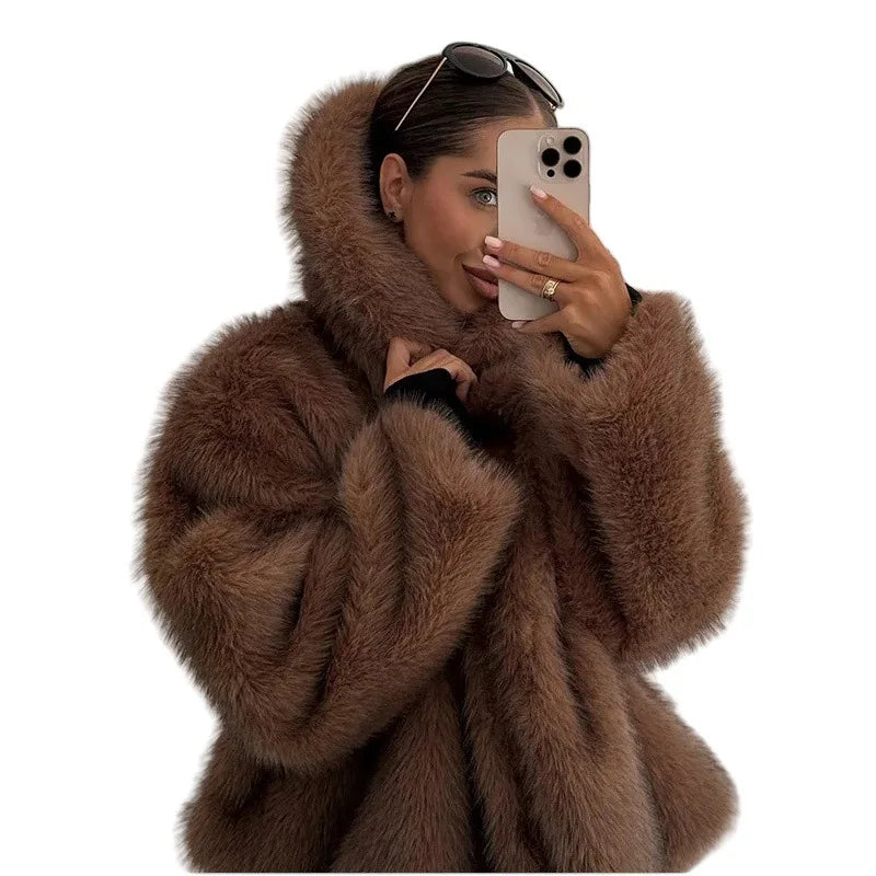 Women's 2025 Autumn Winter Large Lapel Rabbit Faux Fur Trench Coat - Long Woven Warm Commuter Jacket