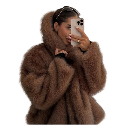 Women's 2025 Autumn Winter Large Lapel Rabbit Faux Fur Trench Coat - Long Woven Warm Commuter Jacket