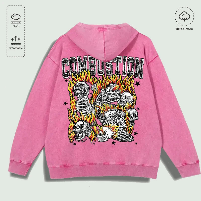 100% Cotton Washed "Combustion Flaming Skull Cluster" Graphic Hoodie, Multi - Colors