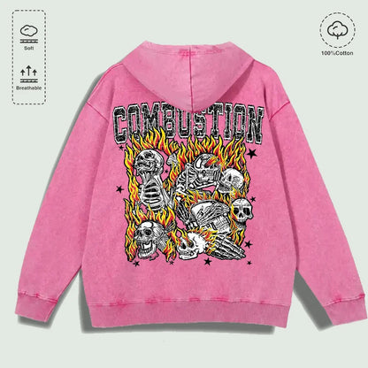 100% Cotton Washed "Combustion Flaming Skull Cluster" Graphic Hoodie, Multi - Colors