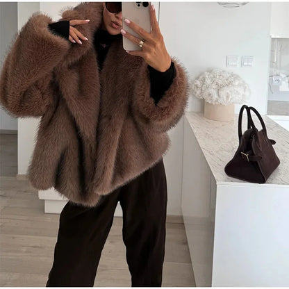 Women's 2025 Autumn Winter Large Lapel Rabbit Faux Fur Trench Coat - Long Woven Warm Commuter Jacket