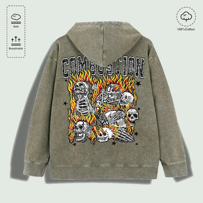 100% Cotton Washed "Combustion Flaming Skull Cluster" Graphic Hoodie, Multi - Colors