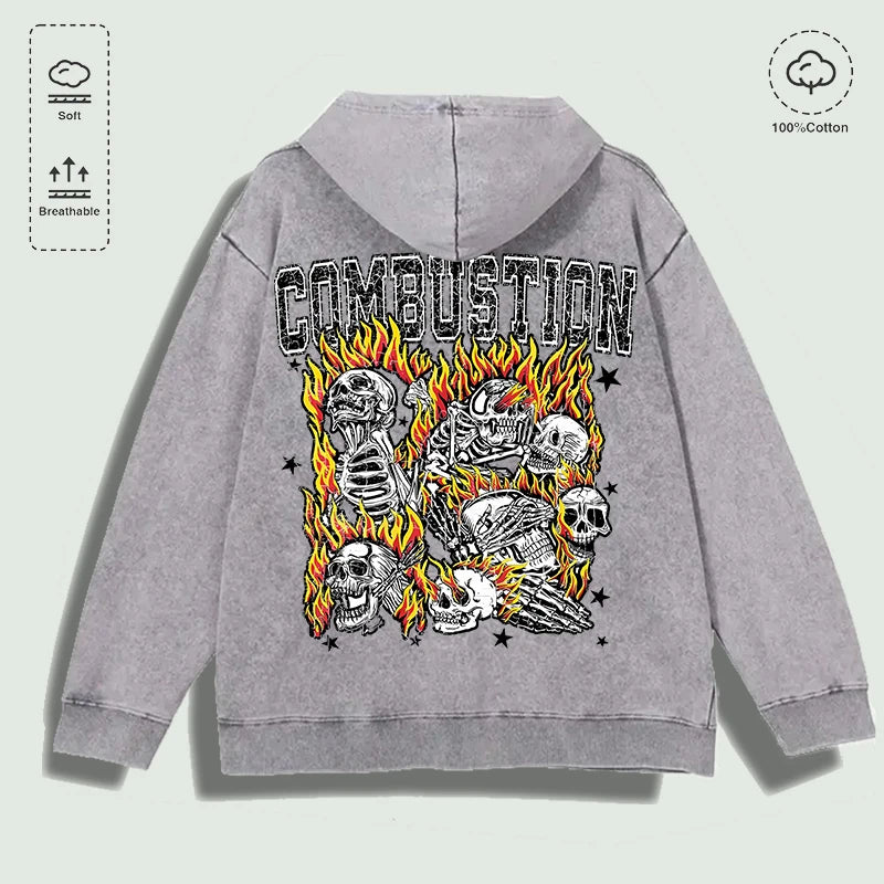 100% Cotton Washed "Combustion Flaming Skull Cluster" Graphic Hoodie, Multi - Colors