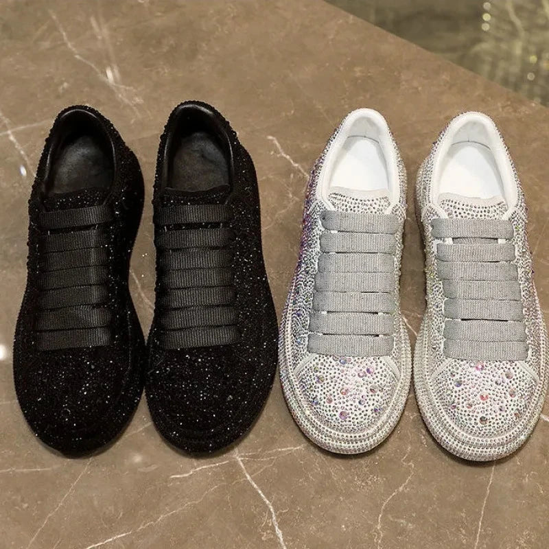 New 2023 Autumn Women Platform Shoes Rhinestones Thick-soled White Silver Shoes Shining Crystal Sneakers Trend Casual Sneakers