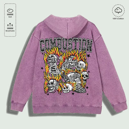 100% Cotton Washed "Combustion Flaming Skull Cluster" Graphic Hoodie, Multi - Colors