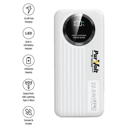 Pursonic 10,000mAh LED Fast Charging Power Bank – Built-in Cables, 22.5W Output, Type-C/USB/Lightning Compatibility