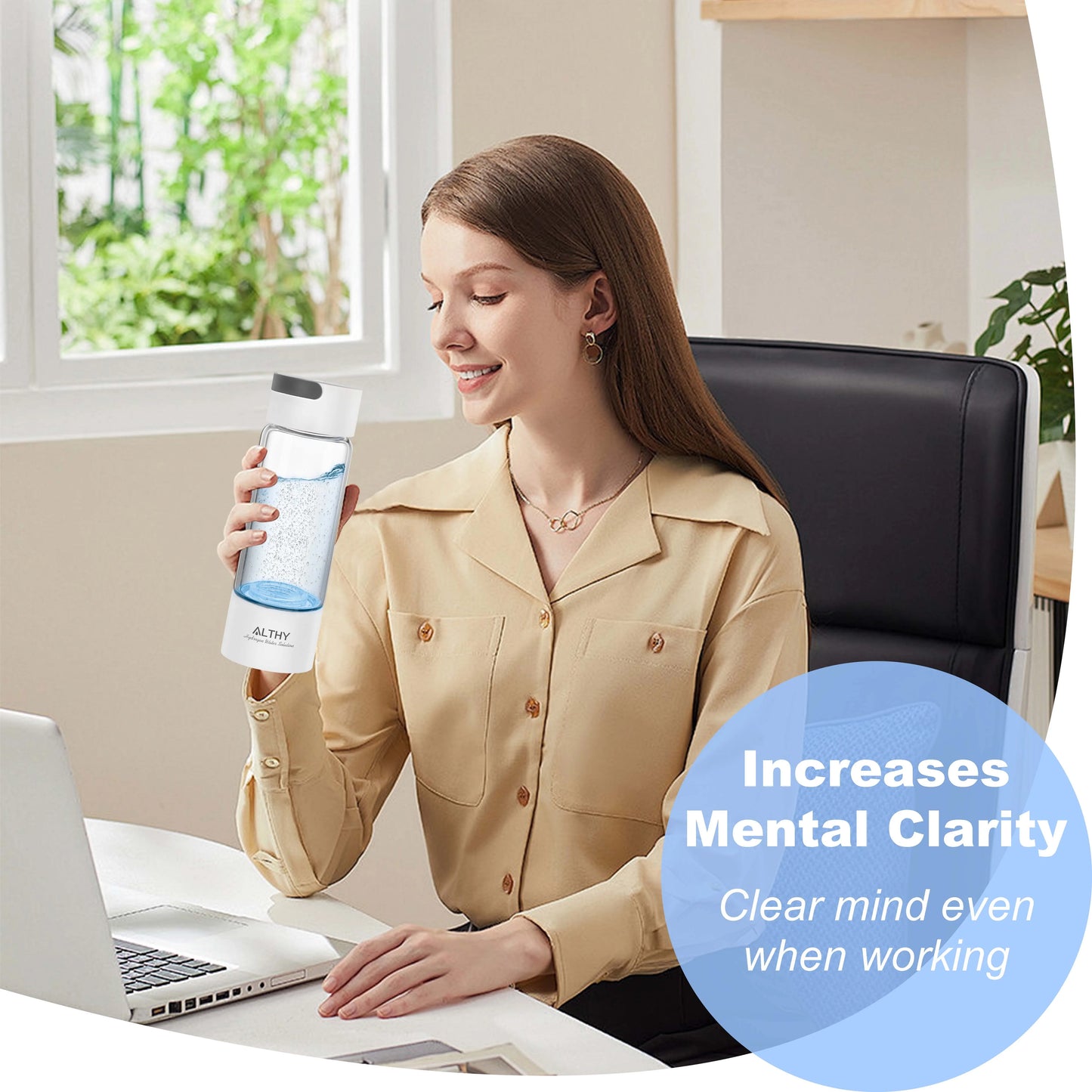 ALTHY Hydrogen Rich Water Generator Bottle - Glass Cupbody - DuPont SPE & PEM Dual Chamber Maker Ionizer - H2 Inhalation Device