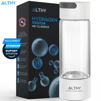 ALTHY Hydrogen Rich Water Generator Bottle - Glass Cupbody - DuPont SPE & PEM Dual Chamber Maker Ionizer - H2 Inhalation Device