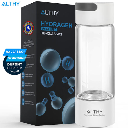 ALTHY Hydrogen Rich Water Generator Bottle - Glass Cupbody - DuPont SPE & PEM Dual Chamber Maker Ionizer - H2 Inhalation Device