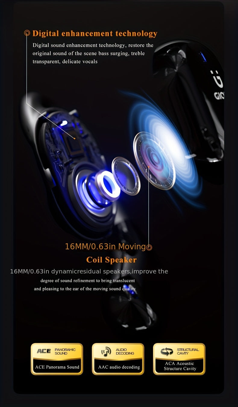 Gionee001True Wireless Earbuds With Mic, TWS In-Ear Headphones With ENC Noise Cancelling Mic, Sport Earhook Headset, Stereo In Ear Headphones With LED Display Charing Case, Wireless Running Sports Earbuds Earhook