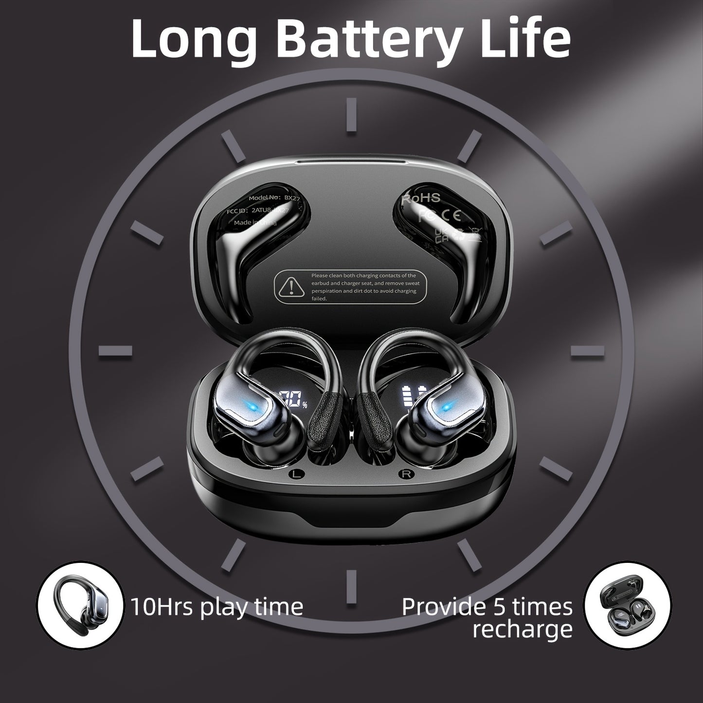 LIFEBEE New Wireless Earbuds for Running Sports, Wireless Earphones with Earhooks Pure Bass Sound, Over Ear Headphones ENC Noise Cancelling with Dual-LED Display, Earphones Built-in Microphone